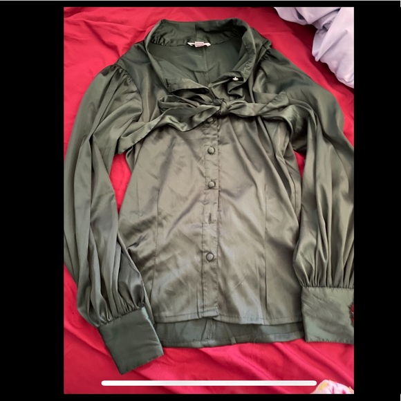 Unique Vintage Emerald Satin Neck Tie Gwen Blouse - Picture 2 of 3